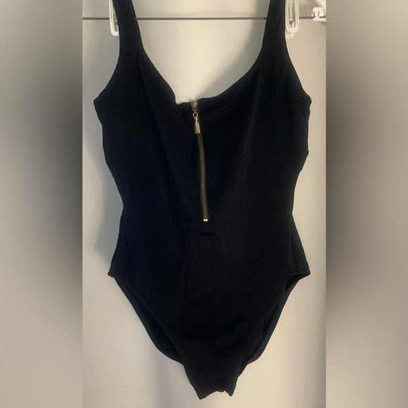 Pacific Connections Plus Size Black One Piece Swim Suit, Gold Zip Front; Size 16 - Picture 2 of 8